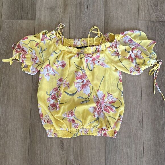 7th Avenue New‎ York Yellow Floral Cold Shoulder Flutter Sleeve ElasticWaist - Picture 1 of 10